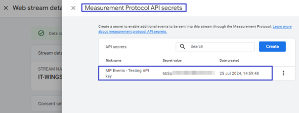 Screenshot - API Secrets - Verknüpfung von Online- und Offline-Daten in GA4