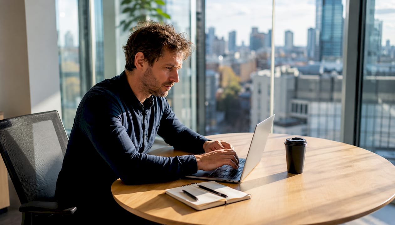 Ein Berufstätiger arbeitet im Coworking-Space an seinem Laptop und wertet Daten mit Power BI aus.