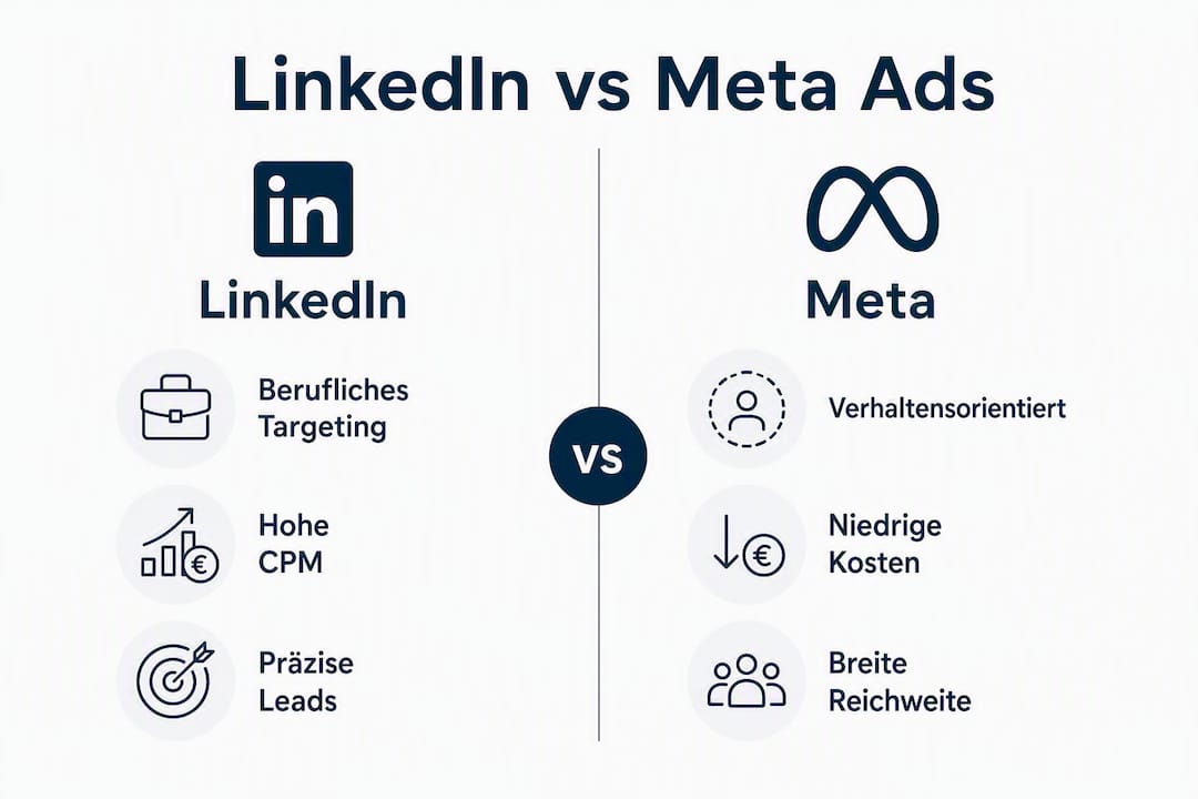 Infografik: Gegenüberstellung der wichtigsten Eigenschaften von LinkedIn- und Meta-Anzeigen
