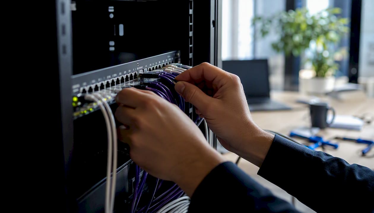 Hände schließen Kabel in einem Serverschrank an.